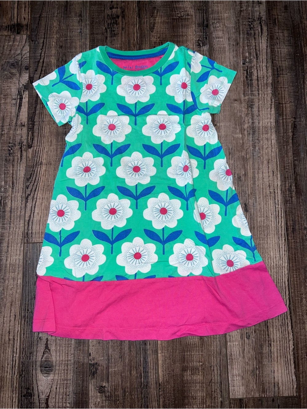Mini Boden Green Floral Girls' Dress with Pink Hem
